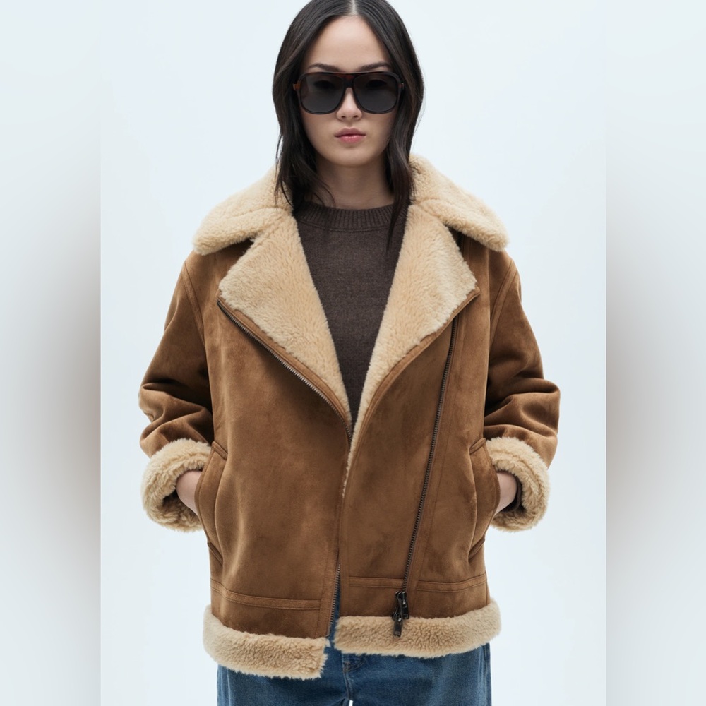 NWT Mango Brown and Cream Faux Shearling Jacket XXS